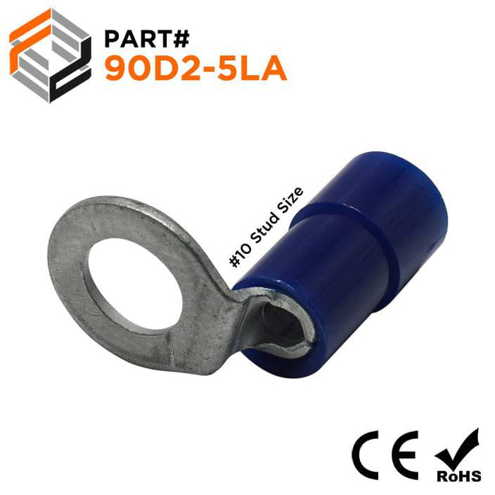 90D2-5LA - 90° Nylon Insulated Ring Terminals - 16-14 AWG - #10 Stud - Ferrules Direct