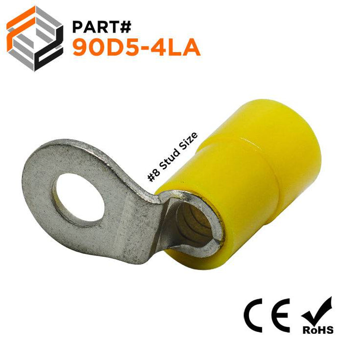 90D5-4LA - 90° Nylon Insulated Ring Terminals - 12-10 AWG - #8 Stud - Ferrules Direct