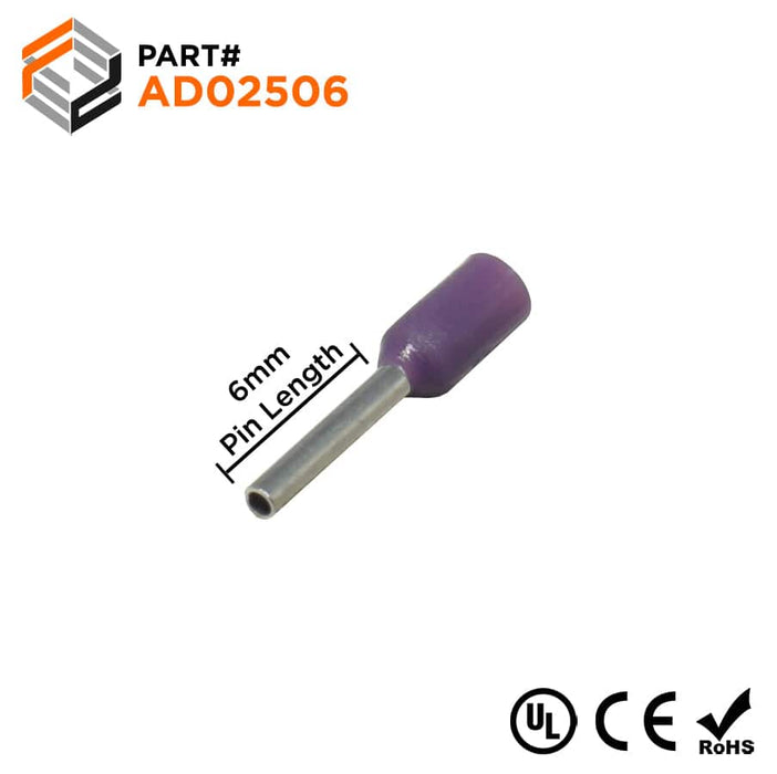 AD02506 - 24 AWG (6mm Pin) Insulated Ferrules - Purple - Ferrules Direct
