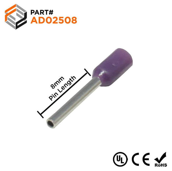 AD02508 - 24 AWG (8mm Pin) Insulated Ferrules - Purple - Ferrules Direct