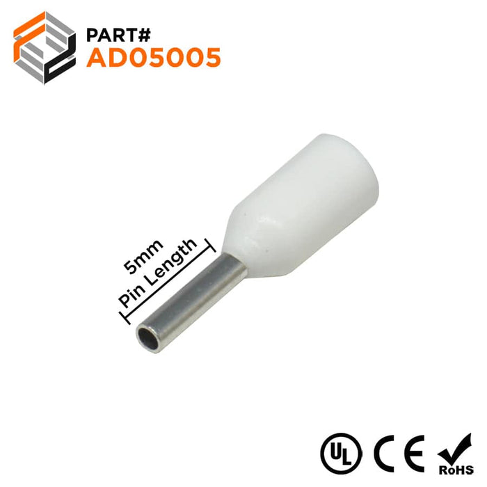 AD05005 - 22 AWG (5mm Pin) Insulated Ferrules - White - Ferrules Direct