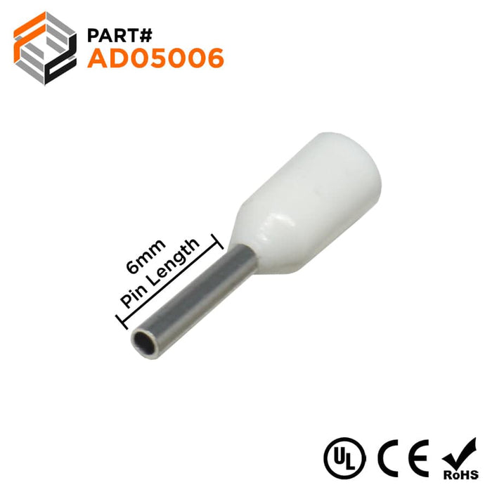 AD05006 - 22 AWG (6mm Pin) Insulated Ferrules - White - Ferrules Direct