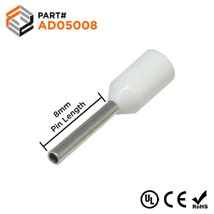 AD05008 - 22 AWG (8mm Pin) Insulated Ferrules - White - Ferrules Direct
