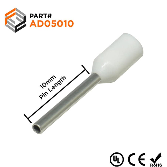 AD05010 - 22 AWG (10mm Pin) Insulated Ferrules - White - Ferrules Direct