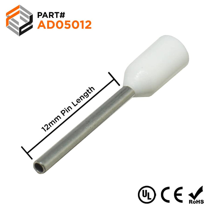AD05012 - 22 AWG (12mm Pin) Insulated Ferrules - White - Ferrules Direct