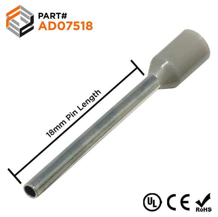 AD07518 - 20 AWG (18mm Pin) Insulated Ferrules - Gray - Ferrules Direct