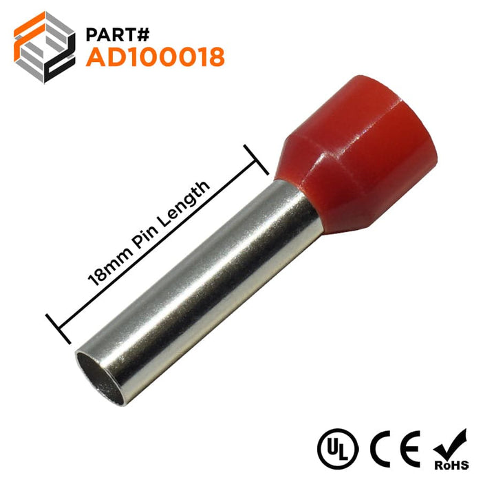 AD100018 - 8 AWG (18mm Pin) Insulated Ferrules - Red - Ferrules Direct