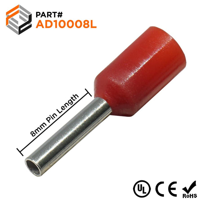 AD10008L - 18AWG (8mm Pin) Insulated Ferrules - Red - Large Cap - Ferrules Direct
