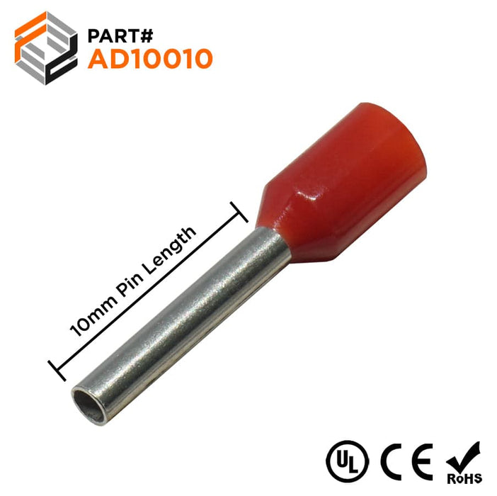 AD10010 - 18AWG (10mm Pin) Insulated Ferrules - Red - Ferrules Direct