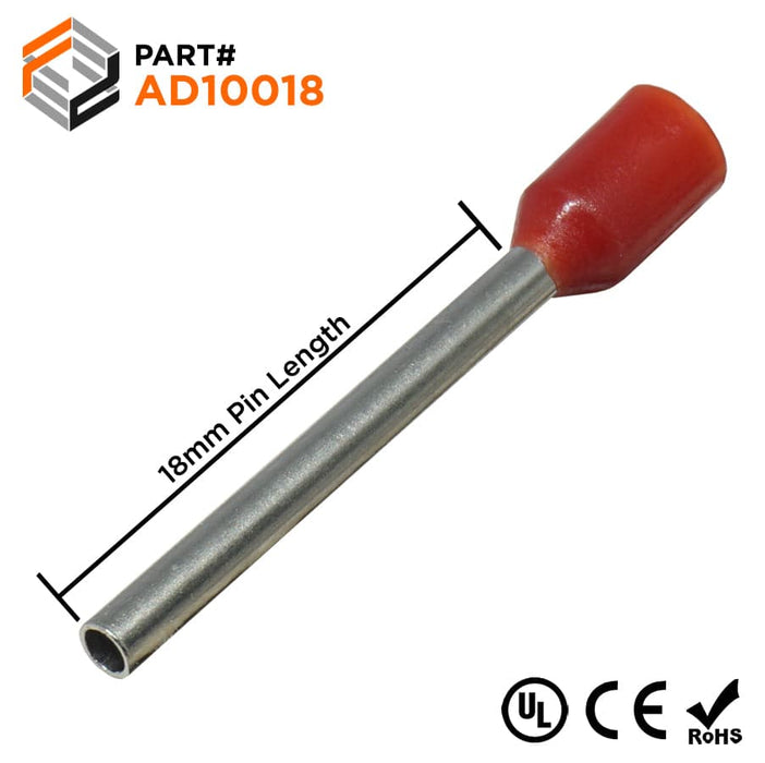 AD10018 - 18AWG (18mm Pin) Insulated Ferrules - Red - Ferrules Direct