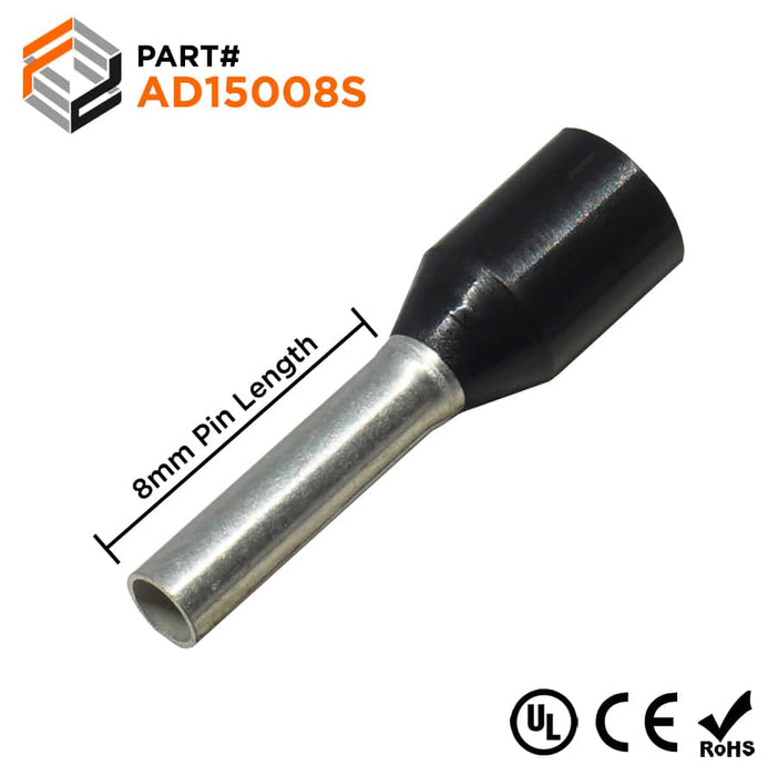 AD15008S - 16AWG (8mm Pin) Insulated Ferrules - Black - Small Cap - Ferrules Direct
