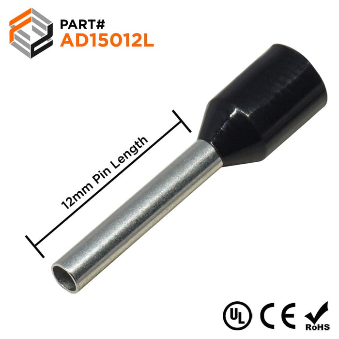 AD15012L - 16AWG (12mm Pin) Insulated Ferrules - Black - Large Cap - Ferrules Direct