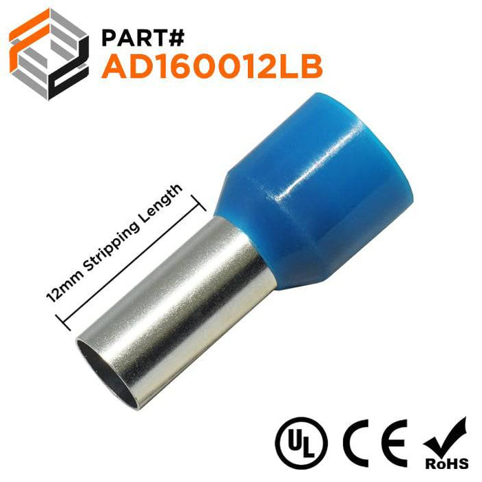 AD160012LB - 6 AWG (12mm Pin) Insulated Ferrules - Light Blue - Ferrules Direct