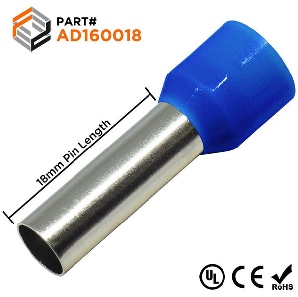 AD160018 - 6 AWG Insulated Wire Ferrules, 18mm Pin, Blue, UL Recognized,  100 Pieces