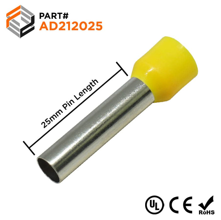 AD212025 - True 4 AWG (25mm Pin) Insulated Ferrules - Yellow - Ferrules Direct