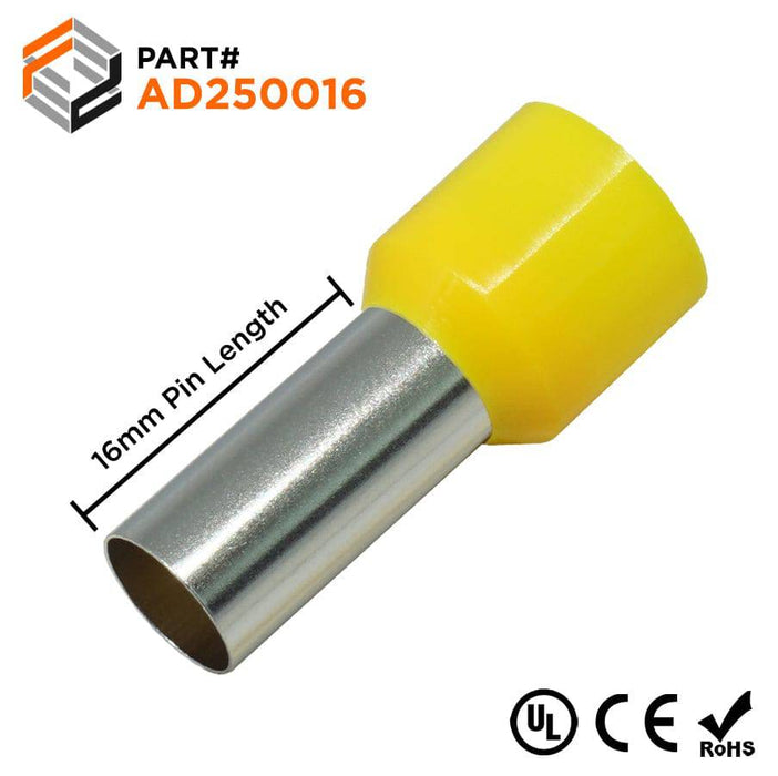 AD250016 - 4 AWG (16mm Pin) Insulated Ferrules - Yellow | Ferrules Direct