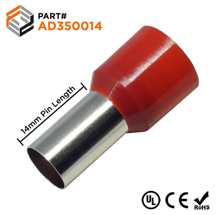 AD350014 - 2 AWG (14mm Pin) Insulated Ferrules - Red - Ferrules Direct