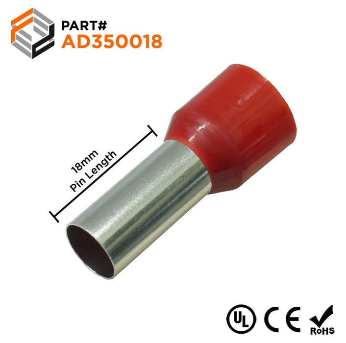AD350018 - 2 AWG (18mm Pin) Insulated Ferrules - Red - Ferrules Direct