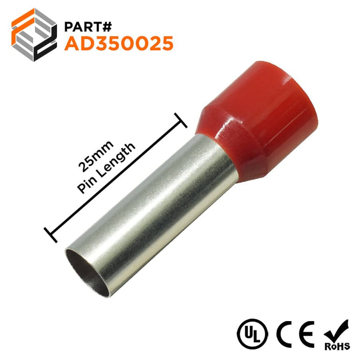 AD350025 - 2 AWG (25mm Pin) Insulated Ferrules - Red - Ferrules Direct