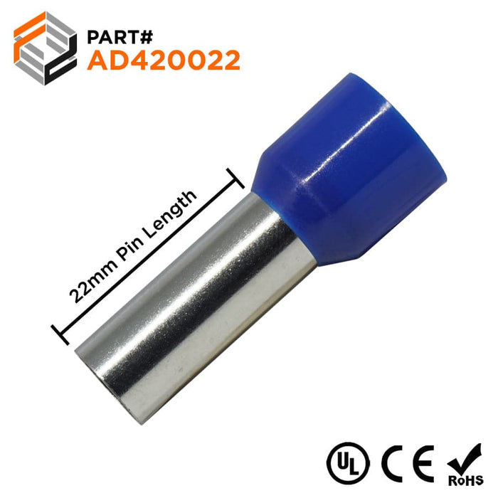 AD420022 - True 1 AWG (22mm Pin) Insulated Ferrules - Blue - Ferrules Direct
