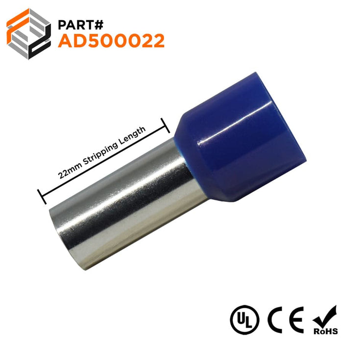 AD500022 - 1 AWG (22mm Pin) Insulated Ferrules - Blue - Ferrules Direct