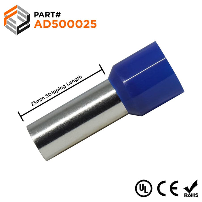 AD500025 - 1 AWG (25mm Pin) Insulated Ferrules - Blue - Ferrules Direct