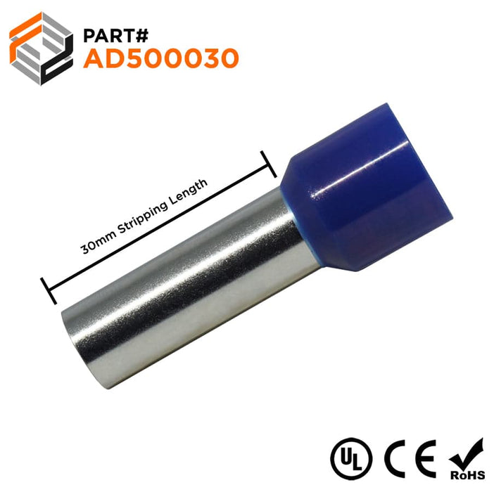 AD500030 - 1 AWG (30mm Pin) Insulated Ferrules - Blue - Ferrules Direct