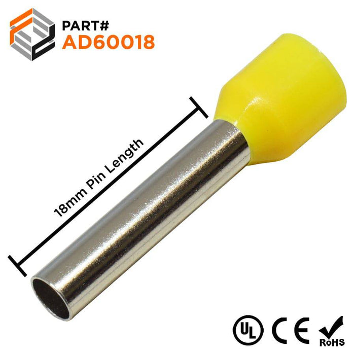 AD60018 - 10 AWG (18mm Pin) Insulated Ferrules - Yellow - Ferrules Direct