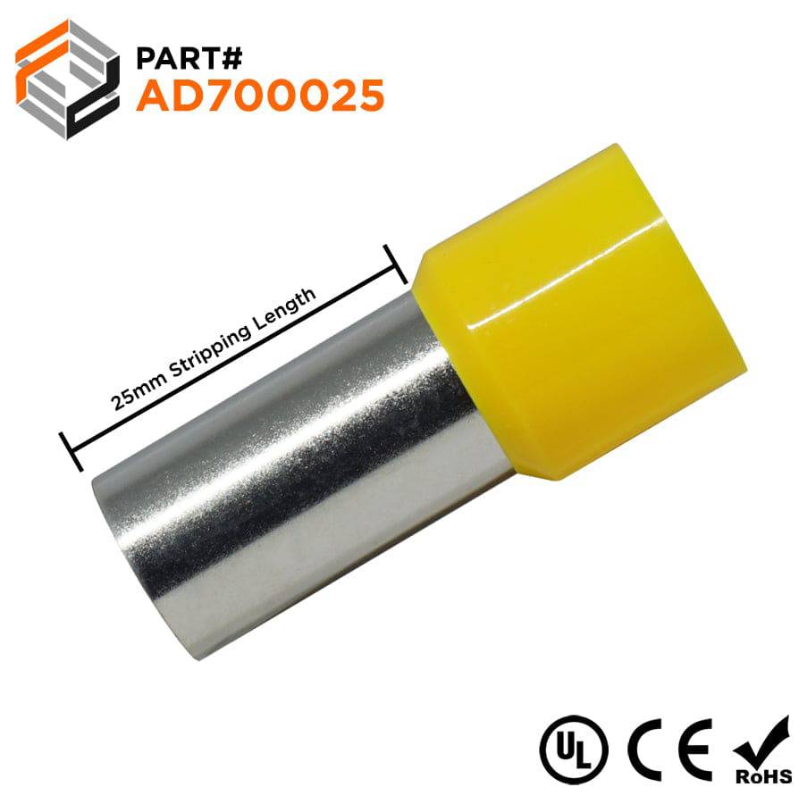 AD700025 - 2/0 AWG Single Insulated Wire Ferrules, 25mm Pin, Yellow, UL ...