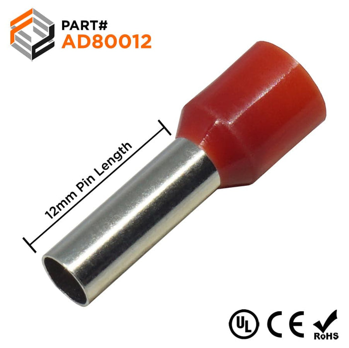 AD80012 - True 8 AWG (12mm Pin) Insulated Ferrules - Red - Ferrules Direct