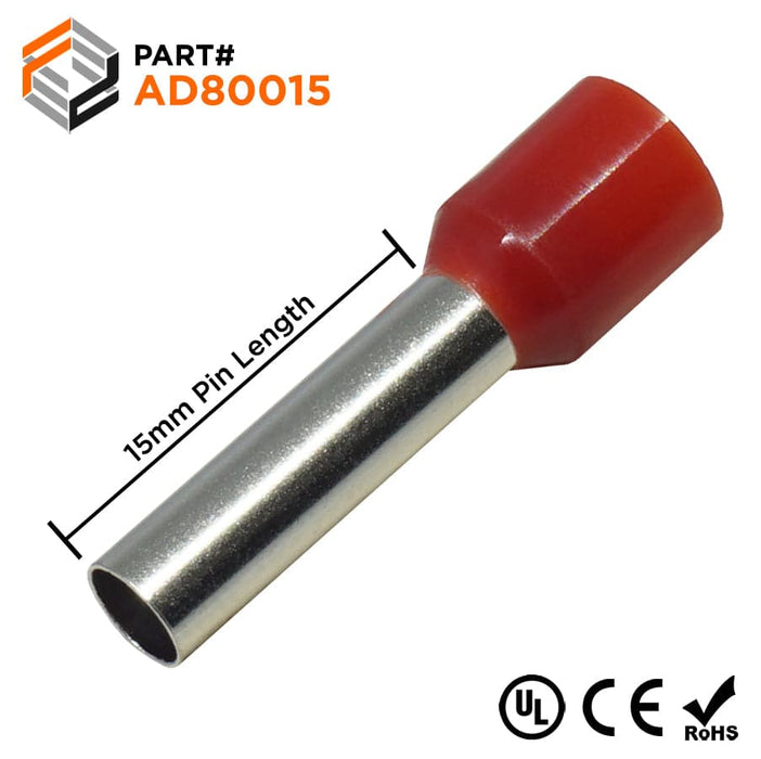 AD80015 - True 8 AWG (15mm Pin) Insulated Ferrules - Red - Ferrules Direct