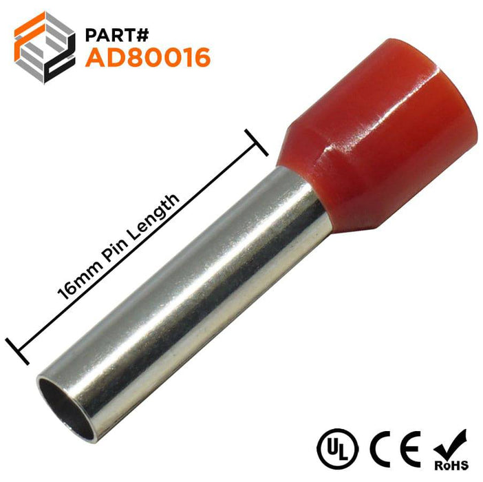 AD80016 - True 8 AWG (16mm Pin) Insulated Ferrules - Red - Ferrules Direct