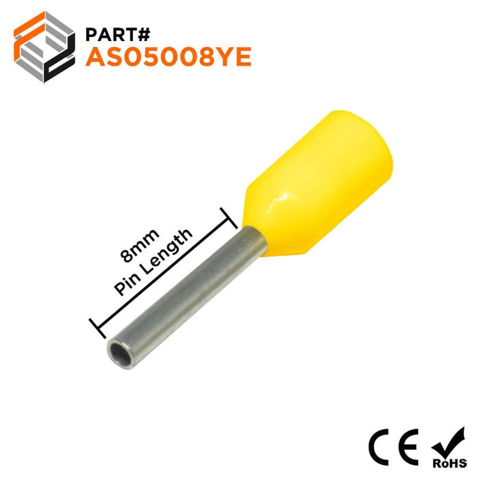 AS05008YE - 22 AWG (8mm Pin) Insulated Ferrules - Yellow - Special Color - Ferrules Direct