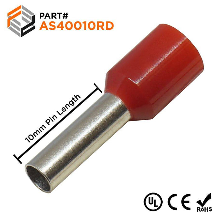 AS40010RD - 12AWG (10mm Pin) Insulated Ferrules - Red - Ferrules Direct