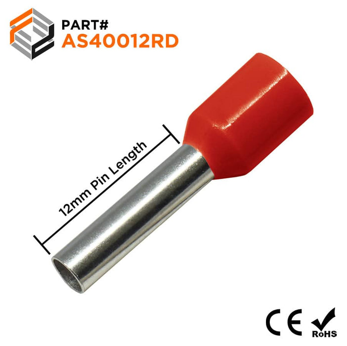 AS40012RD - 12 AWG (12mm Pin) Insulated Ferrules - Red - Special Color - Ferrules Direct