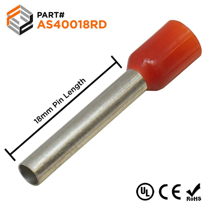 AS40018RD - 12 AWG (18mm Pin) Insulated Ferrules - Red - Special Color - Ferrules Direct