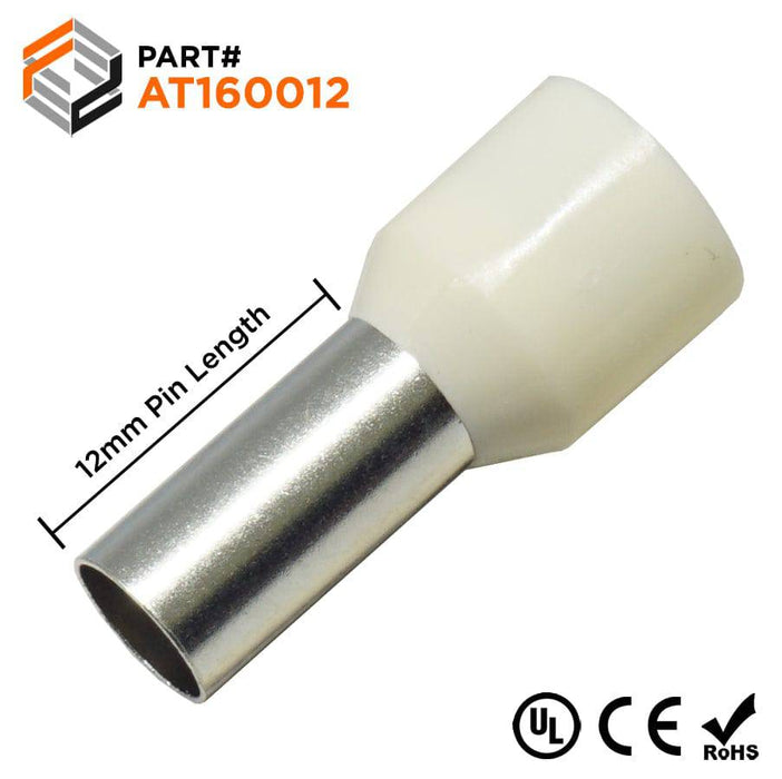 AT160012 - 6 AWG (12mm Pin) Insulated Ferrules - White - Ferrules Direct