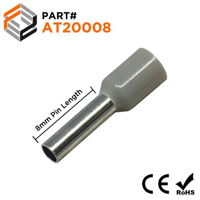AT20008 - True 14 AWG (8mm Pin) Insulated Ferrules - Gray - Ferrules Direct