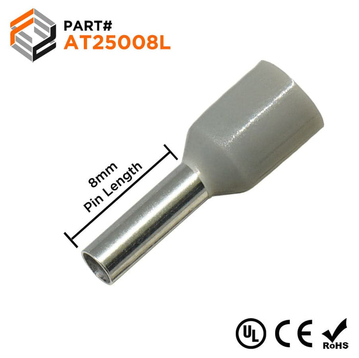 AT25008L - 14AWG (8mm Pin) Insulated Ferrules - Gray - Large Cap - Ferrules Direct