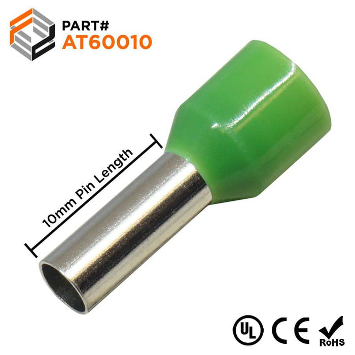 AT60010 - 10 AWG (10mm Pin) Insulated Ferrules - Green - Ferrules Direct