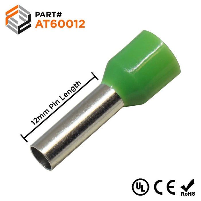 AT60012 - 10 AWG (12mm Pin) Insulated Ferrules - Green - Ferrules Direct