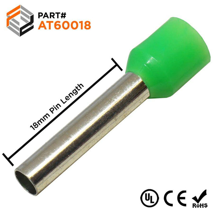 AT60018 - 10 AWG (18mm Pin) Insulated Ferrules - Green - Ferrules Direct