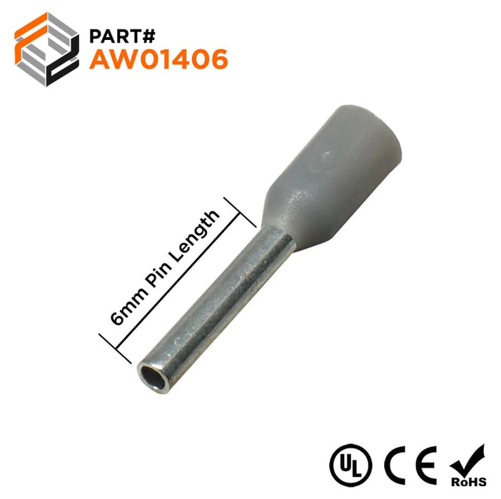 AW01406 - 26 AWG (6mm Pin) Insulated Ferrules - Gray - Ferrules Direct