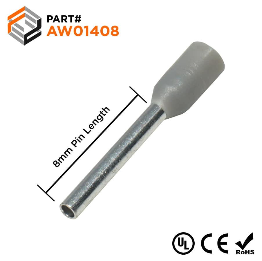 AW01408 - 26 AWG Insulated Wire Ferrules, 8mm Pin, Gray, 500
