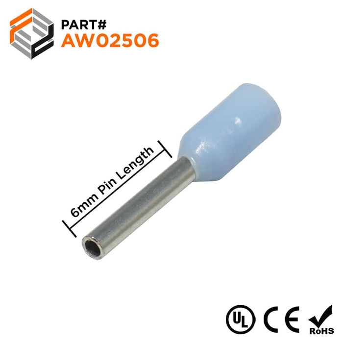 AW02506 - 24 AWG (6mm Pin) Insulated Ferrules - Light Blue - Ferrules Direct