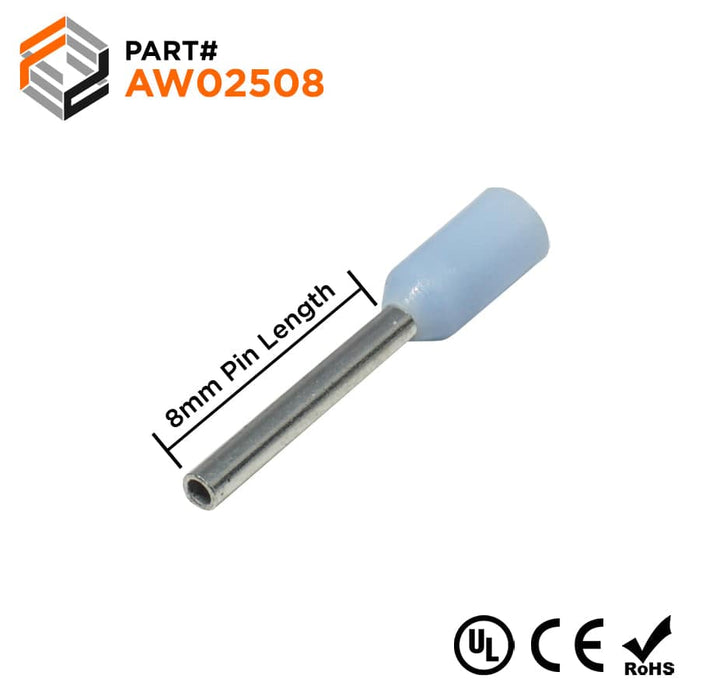 AW02508 - 24 AWG (8mm Pin) Insulated Ferrules - Light Blue - Ferrules Direct