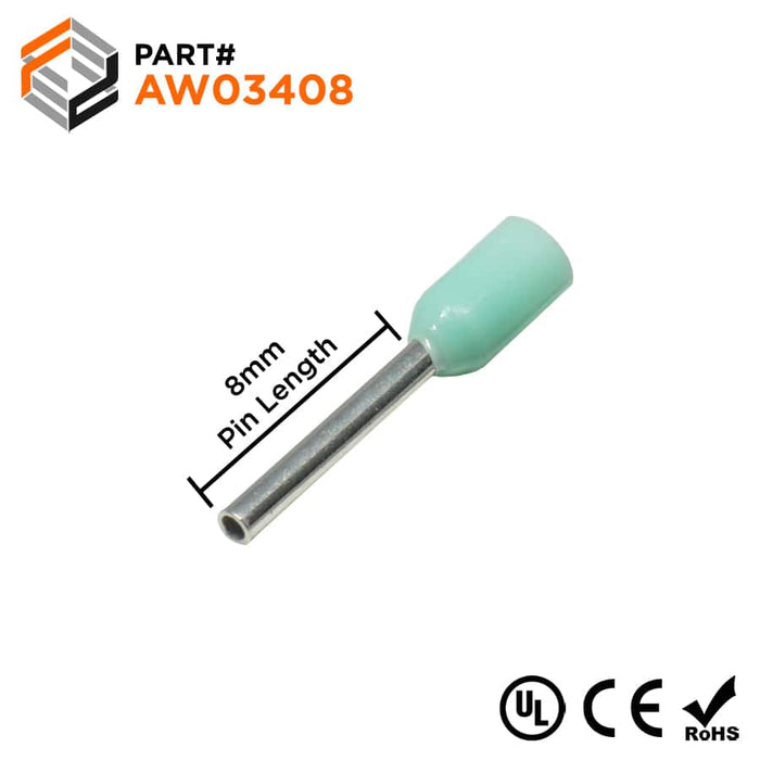 AW03408 - 22 & 24 AWG (8mm Pin) Insulated Ferrules - Turquoise - Ferrules Direct