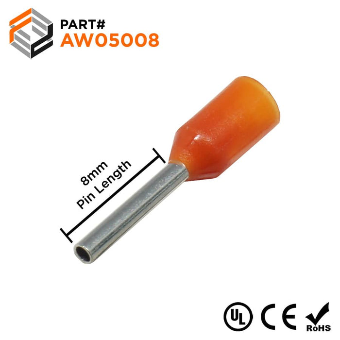 AW05008 - 22 & 20 AWG Insulated Wire Ferrules, 8mm Pin, Orange, UL ...