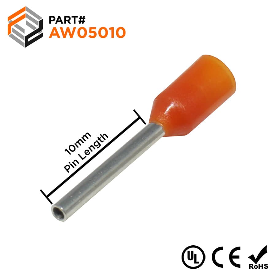 AW05010 - 22 & 20 AWG Insulated Wire Ferrules, 10mm Pin, Orange, UL ...