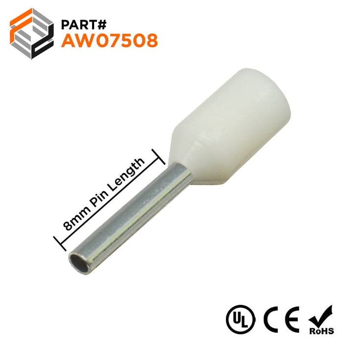 AW07508L - 20 AWG (8mm Pin) Insulated Ferrules - White - Large Cap - Ferrules Direct
